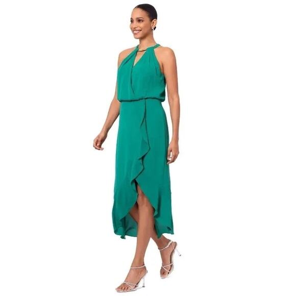 XSCAPE Women's Crepe Choker Halter-Neck High-Low Midi Dress Green Size 8 NWT - Picture 2 of 13
